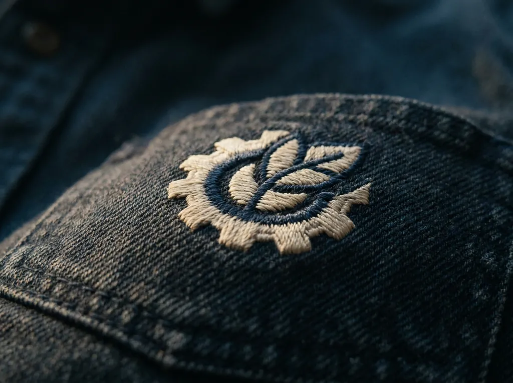 Acercamiento a un logo bordado sobre la bolsa de una camisa de mezclilla
