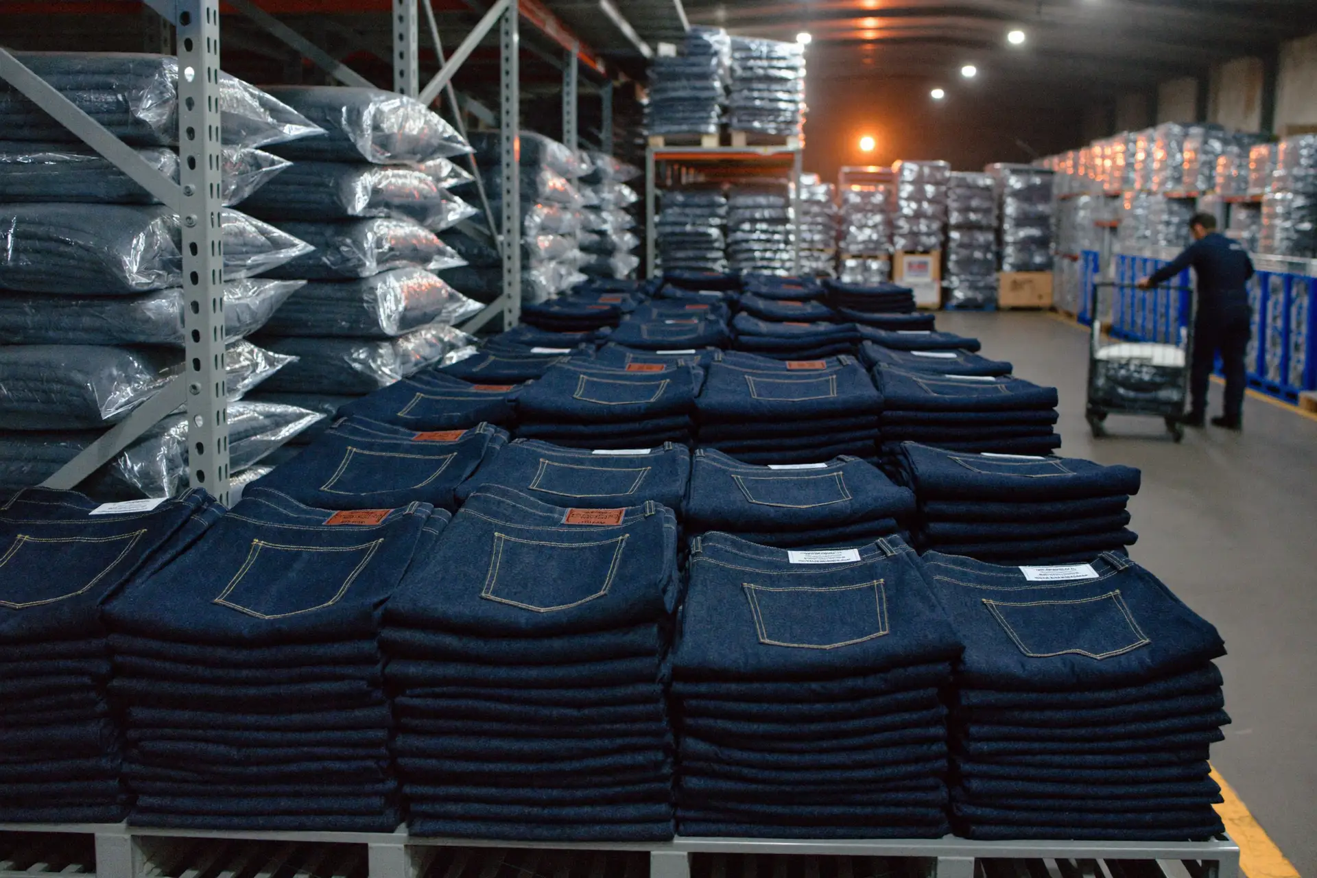 Pilas de pantalones de mezclilla doblados en un almacén, listos para surtir pedidos